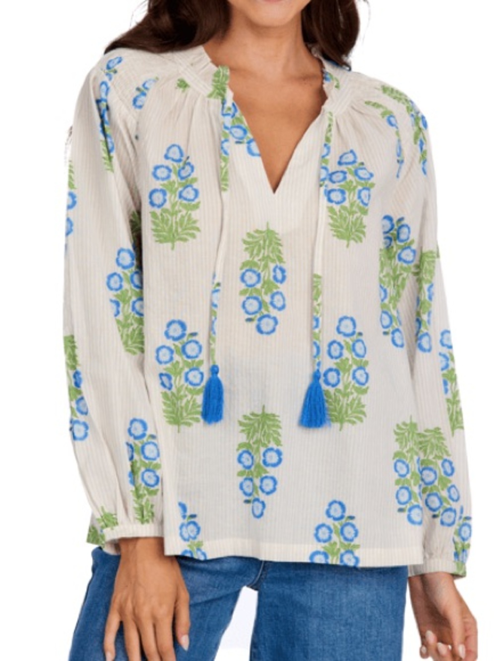 Mud Pie Cream Blouse with Blue & Green Floral Embroidery